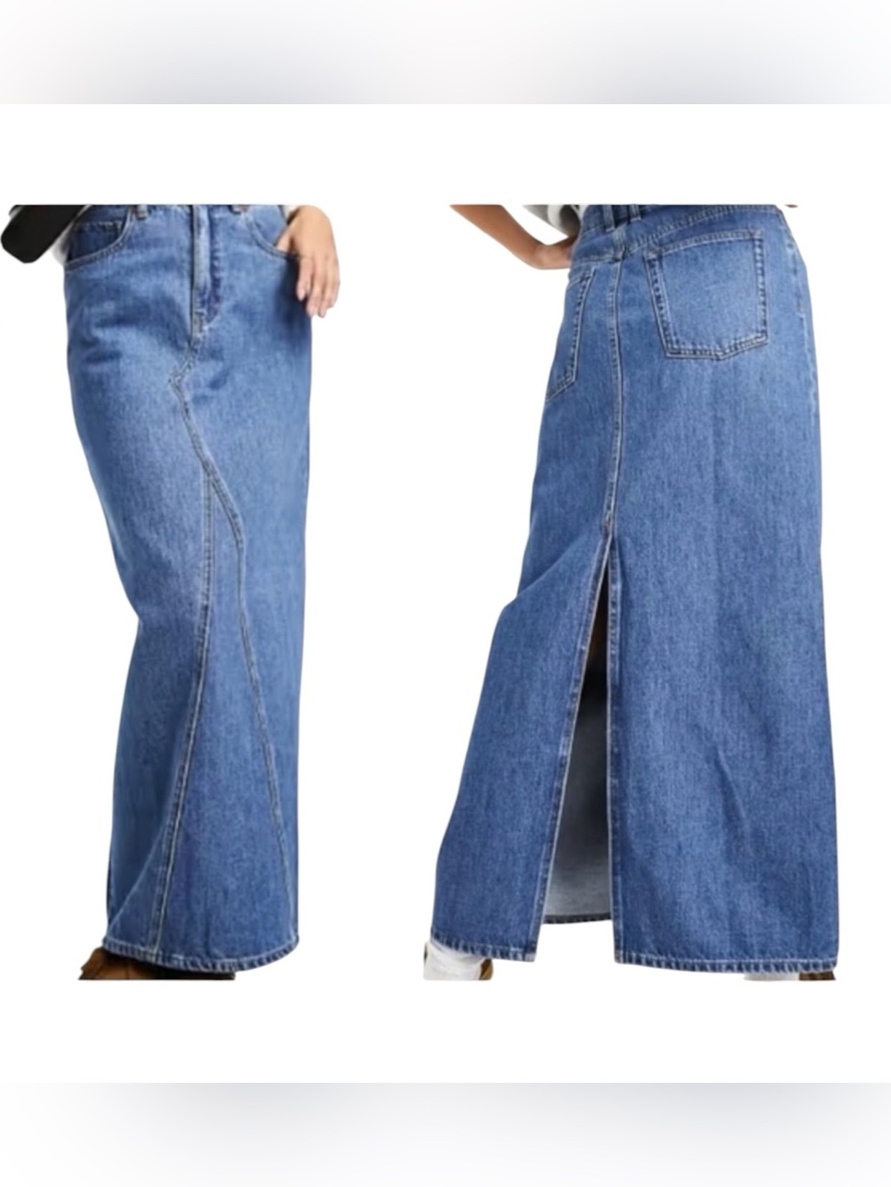 MANGO Denim Maxi Skirt with Back Slit - Blue